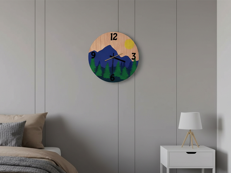 Laser Cut Wooden Sunset with Tree Mountain Scene Wall Clock Design