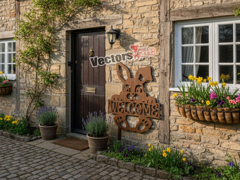 Laser Cut Wooden Bunny Holding Welcome Sign Wall Decor Idea