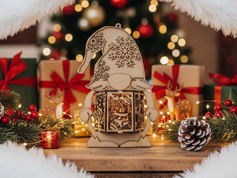Laser Cut Wooden Christmas Gnome Lantern Decor Idea