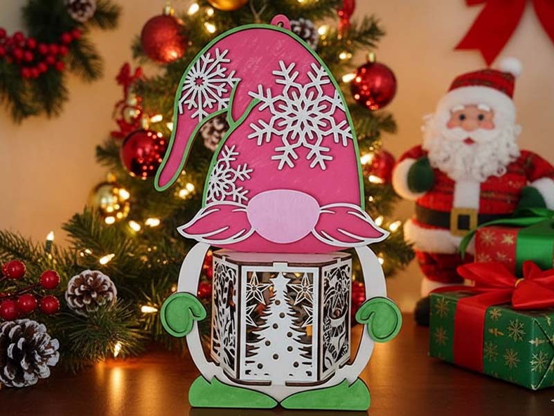 Laser Cut Wooden Christmas Gnome Lantern Decor Idea