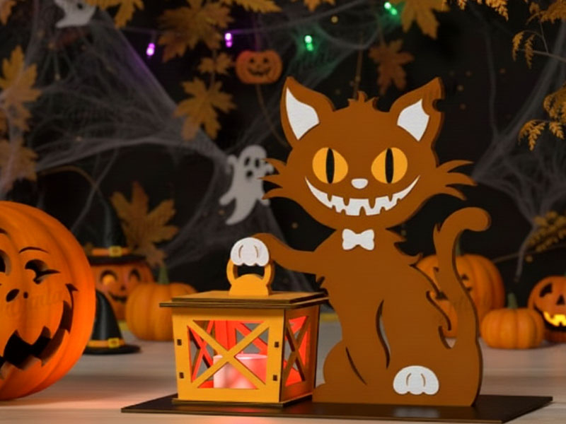 Laser Cut Horror Cat with Lamp Halloween Craft Decor Idea