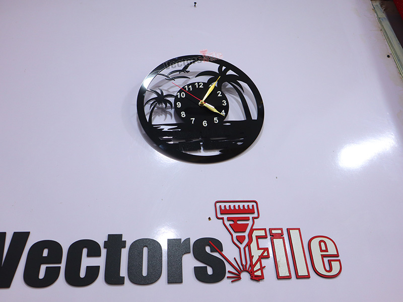 Laser Cut Acrylic Wall Clock Palm Tree and Beach Scene Design