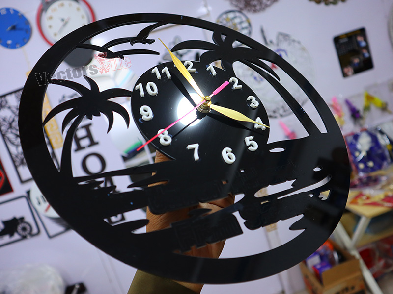Laser Cut Acrylic Wall Clock Palm Tree and Beach Scene Design