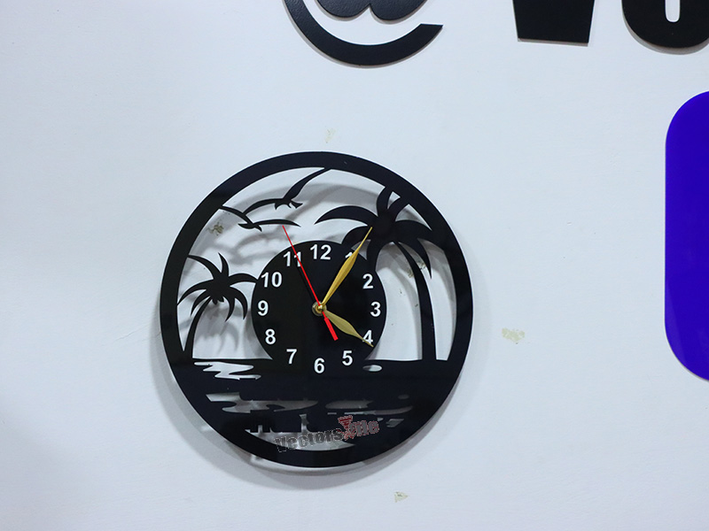 Laser Cut Acrylic Wall Clock Palm Tree and Beach Scene Design
