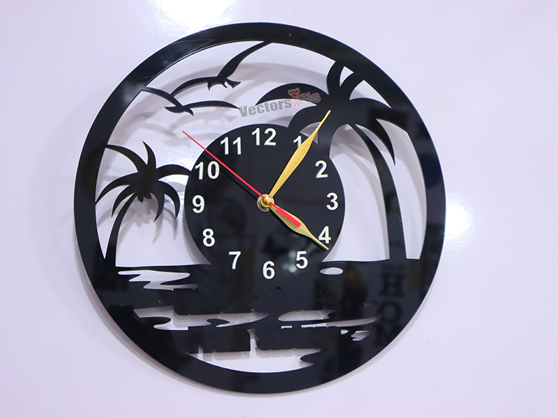 Laser Cut Acrylic Wall Clock Palm Tree and Beach Scene Design