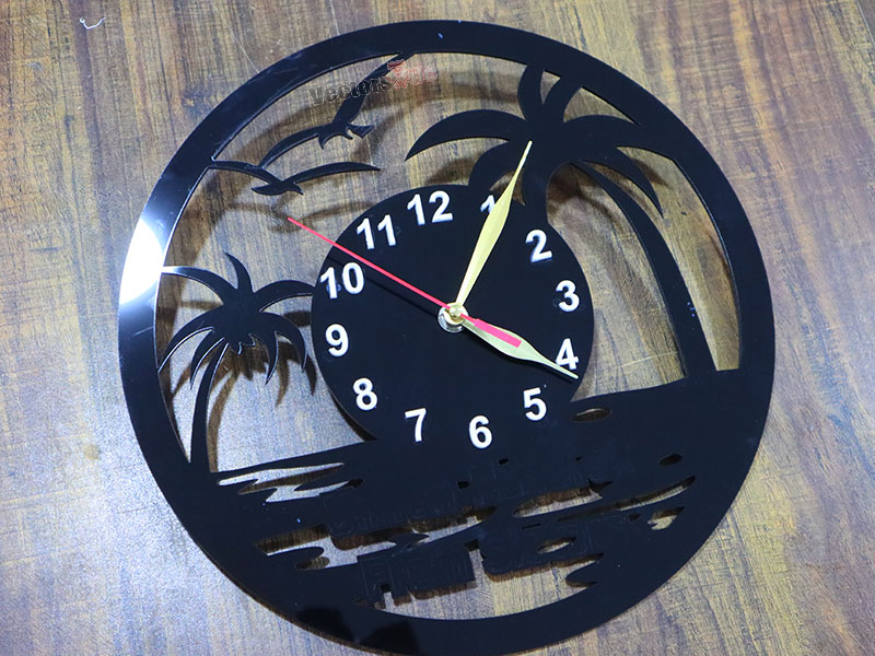 Laser Cut Acrylic Wall Clock Palm Tree and Beach Scene Design