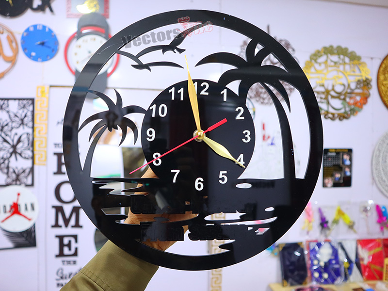 Laser Cut Acrylic Wall Clock Palm Tree and Beach Scene Design