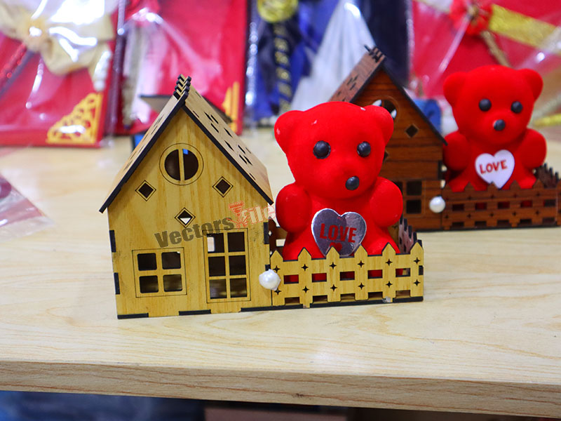 Laser Cut Teddy Bear with House Gift Idea Template