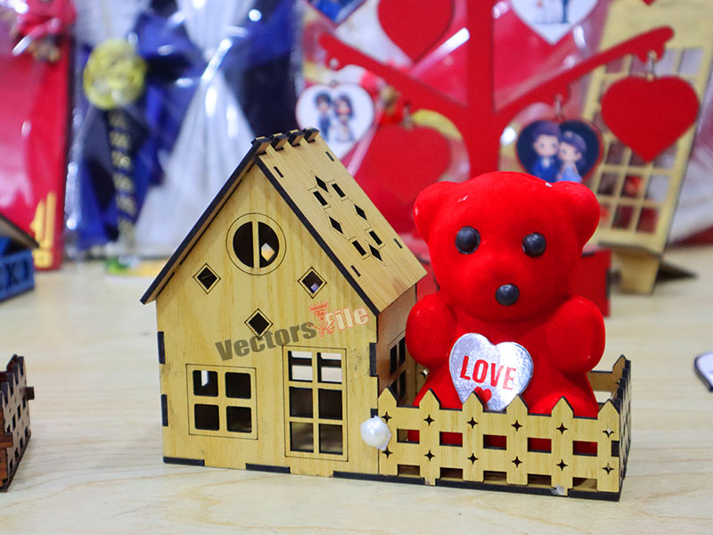 Laser Cut Teddy Bear with House Gift Idea Template