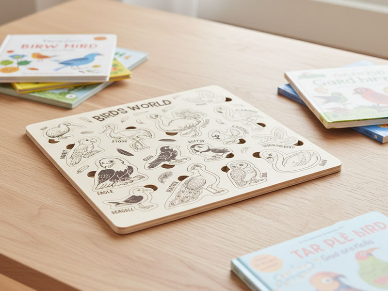Laser Cut Wooden Puzzle Board for Children with Birds World Theme