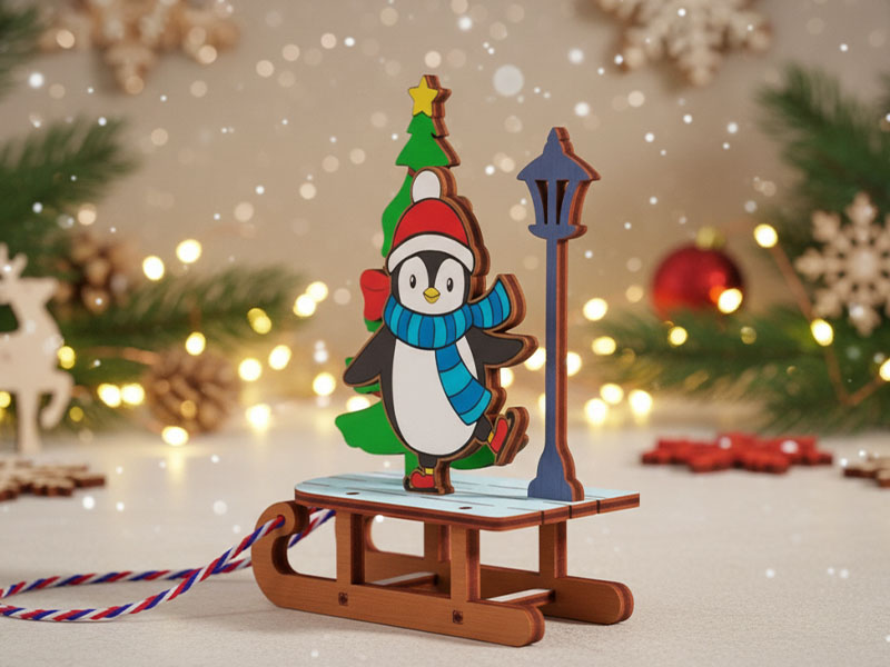 Laser Cut Christmas Decoration penguin with Sleigh and Christmas Tree