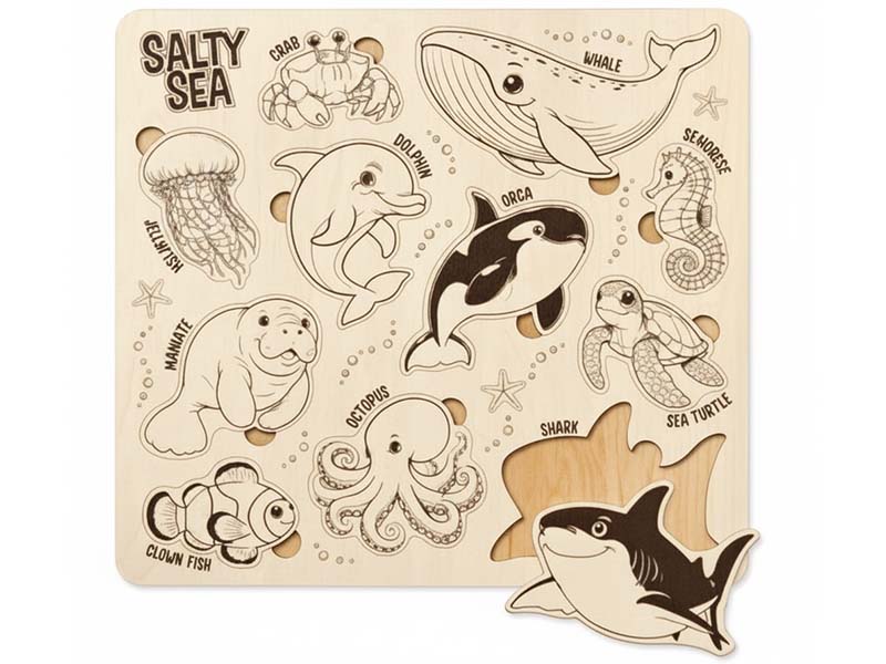 Laser Cut Wooden Salty Sea Animal Puzzle Board for Kids