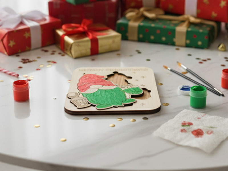 Laser Cut Christmas Gnome Ornaments Designed for Coloring Puzzle Board