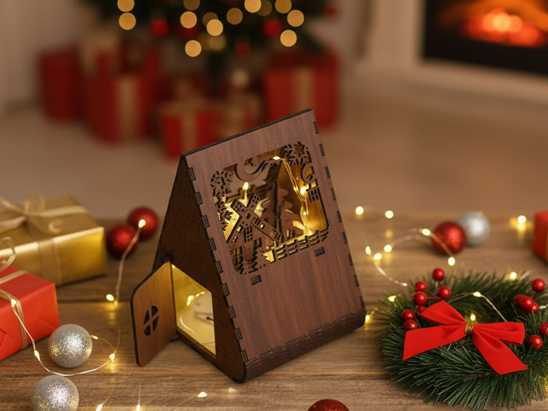 Laser Cut Wooden Christmas Light House for Decoration