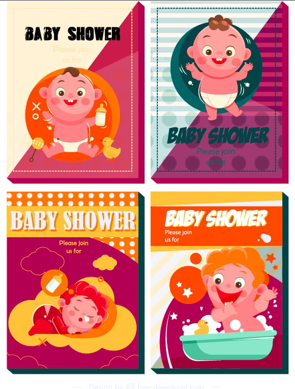 Baby Shower Card Templates Colorful Cute Kids Decor Free Vector