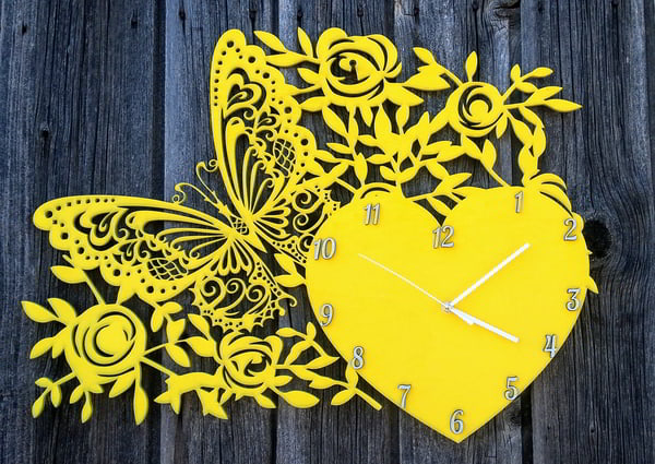 Decor Wall Clock With Butterfly Heart And Flowers Laser Cut CDR File ...