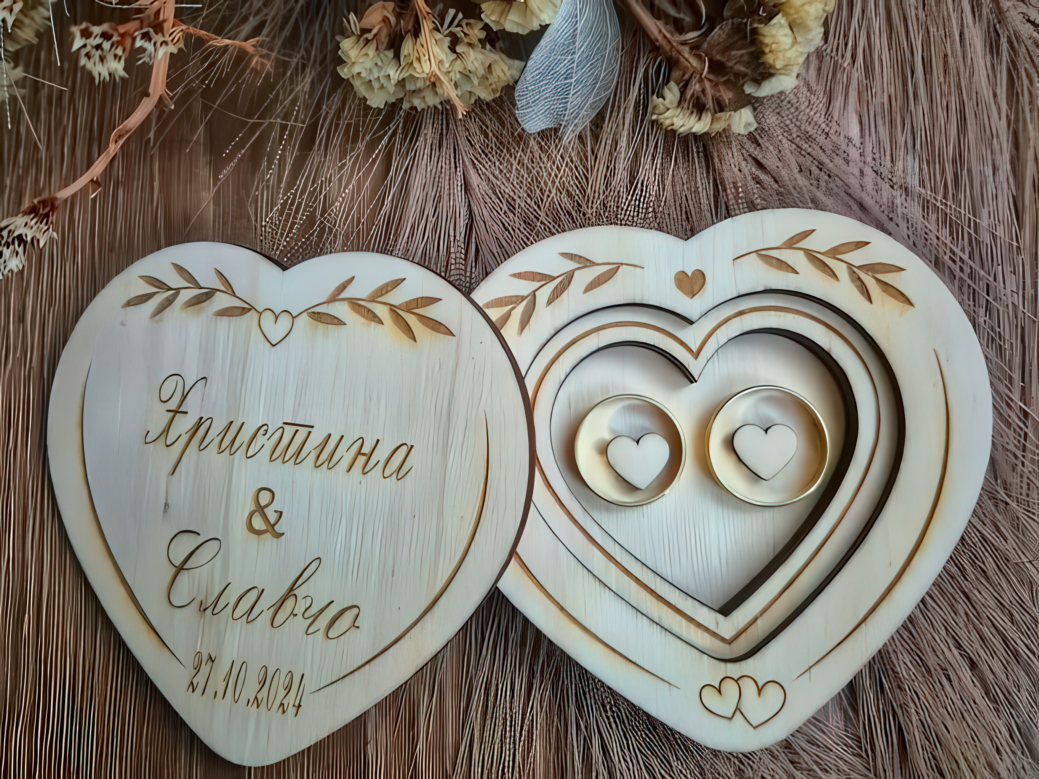 Laser Cut Heart Shape Wedding Ring Box Wooden Jewelry Box Design
