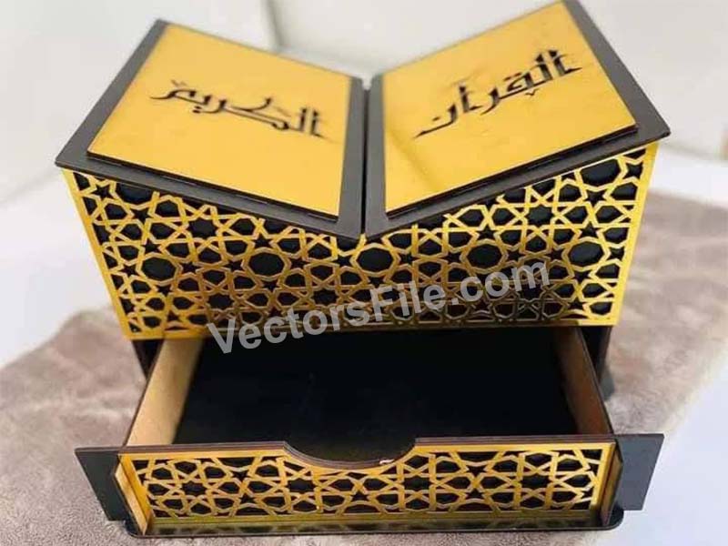 Laser Cut Holy Quran Holder with Drawer Quran Stand Wooden Rehal