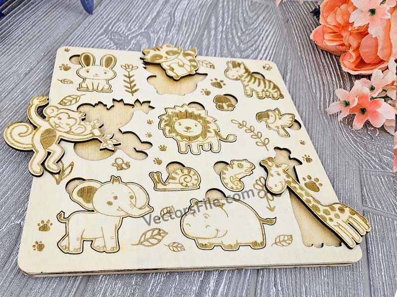 Laser Cut Jungle Animals Montessori Educational Toy Puzzle Board