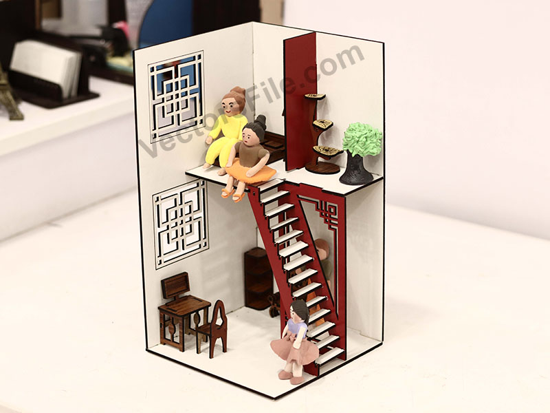 Laser Cut Two Storey Dollhouse Model with Furniture Design