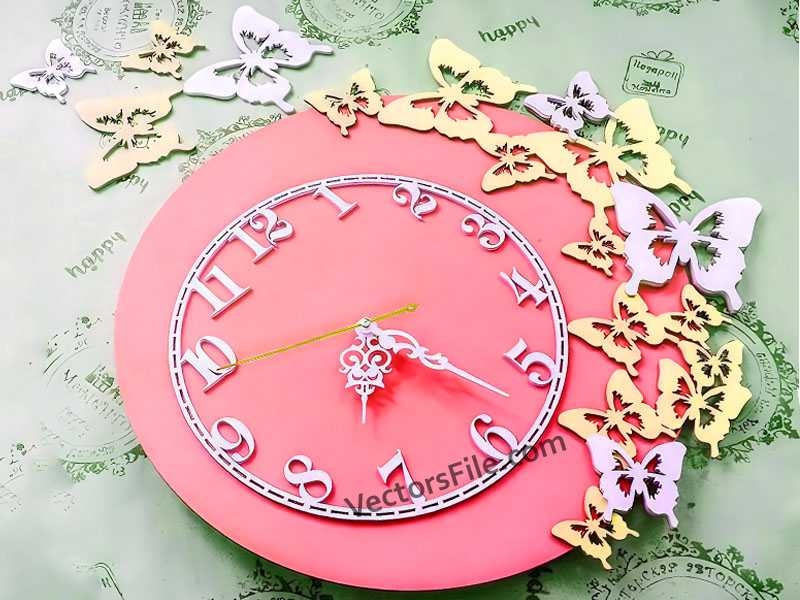 Laser Cut Wall Clock with Butterfly Decoration Ideas