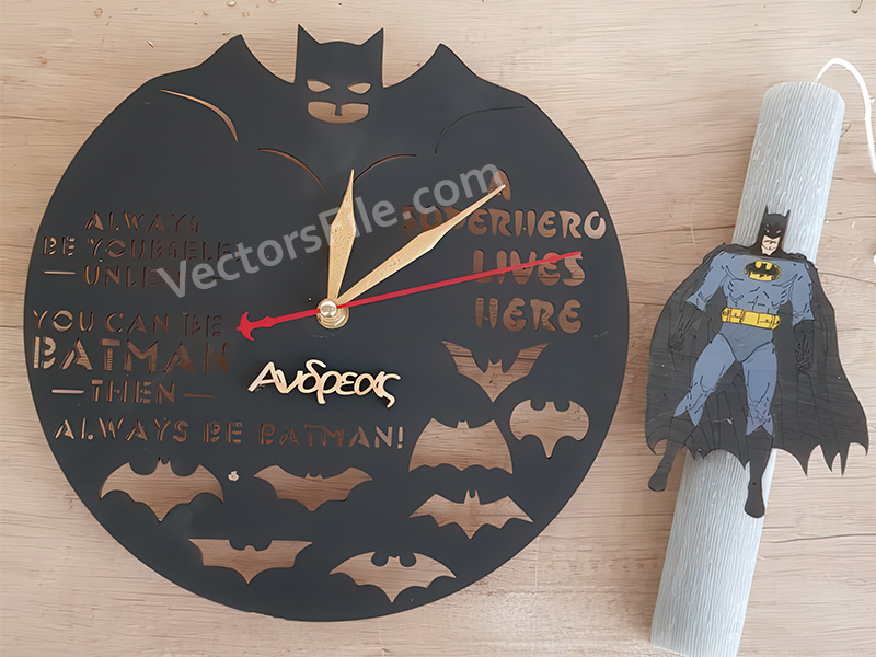 Laser Cut Wooden Batman Wall Clock for Kids Room Decor Idea