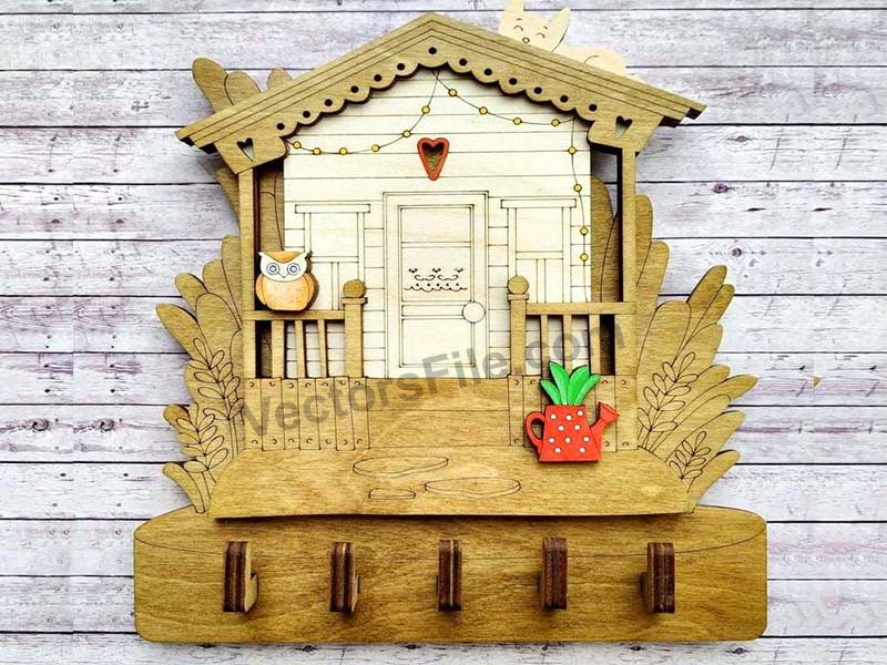 Laser Cut Wooden House SHape Key Holder Wall Key Organizer