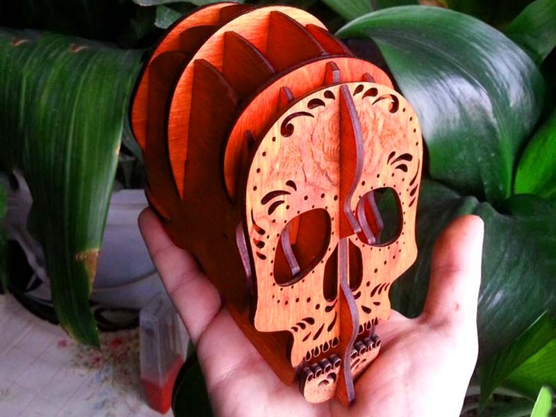 Laser Cut Wooden Skull Pen and Pencil Holder