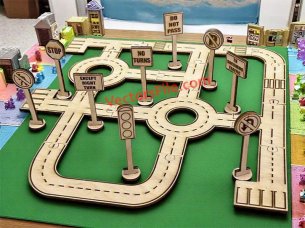 Laser Cut Toy Car Road Tracks Design with Traffic Sign 3D Puzzle Model Kit
