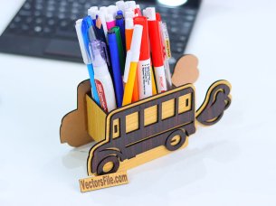Laser Cut Wooden Bus Shape Pen Holder Stand Design