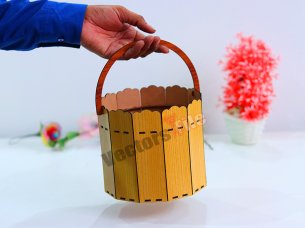 Laser Cut Wooden Round Gift and Storage Basket with Handle Design