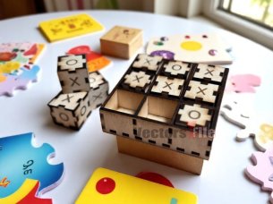 Laser Cut Wooden Block Tic Tac Toe Game Set Template