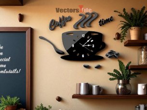 Coffee Cup Fancy Wall Clock Design 3D Laser Cut Clock Template