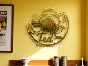 Tea Time Laser Cut 3D Wall Clock Design for Kitchen Decor Idea