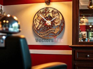 Laser Cut Wooden Wall Clock Design Barber Shop Theme Clock Template