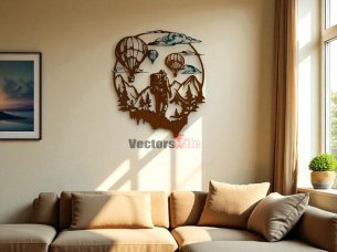 Laser Cut Wall Art Hot Air Balloons with Mountain Landscape Frame