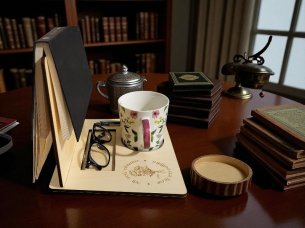 Laser Cut Wooden Table Desk Glasses and Book Place with Cup Holder Night Stand