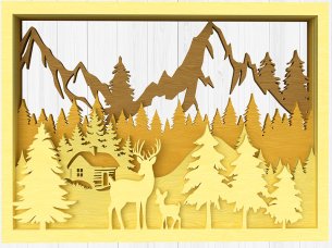 Laser Cut Wall Art Frame Deer Family with Mountains and Tree Home Decor Idea