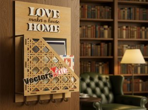 Laser Cut 3D Wall Mailboxes Wooden Letter Box with Key Hanger Organizer