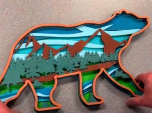 Laser Cut Layered Wood Wall Art 3D Model Bear with a Nature Scene Inside Frame