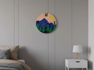Laser Cut Wooden Sunset with Tree Mountain Scene Wall Clock Design