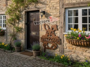 Laser Cut Wooden Bunny Holding Welcome Sign Wall Decor Idea