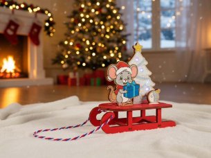 Laser Cut Christmas Decoration Mouse Wearing a Santa Hat and Holding a Gift Box
