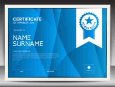 Blue Certificate of Appreciation Template Layout Design Illustrator Vector File