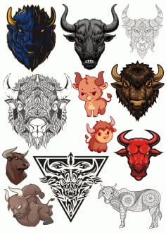 Bull Skull Silhouette Gangster Tattoo Set CDR Vectors File