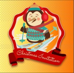 Christmas Penguin Invitation Card Label Free Vector