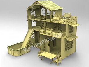 Laser Cut Dollhouse Model with Miniature Furniture and Pool