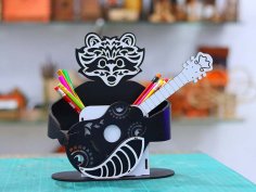 Laser Cut Raccoon with Guitar Pencil Holder Design 3mm Vector File