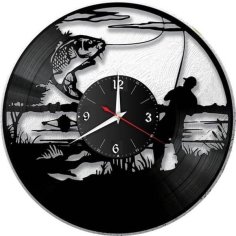 Laser Cut Wall Clock Fisherman Pulls the Fish CDR File