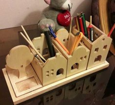 Laser Cut Wooden City Desk Organizer Idea Pen Holder DXF File